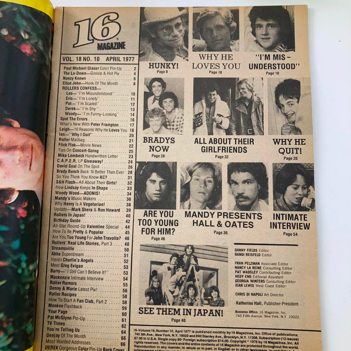 Table of contents from VTG 16 Magazine April 1977 showcasing featured articles and celebrities including John Travolta and lessons on various entertainers.