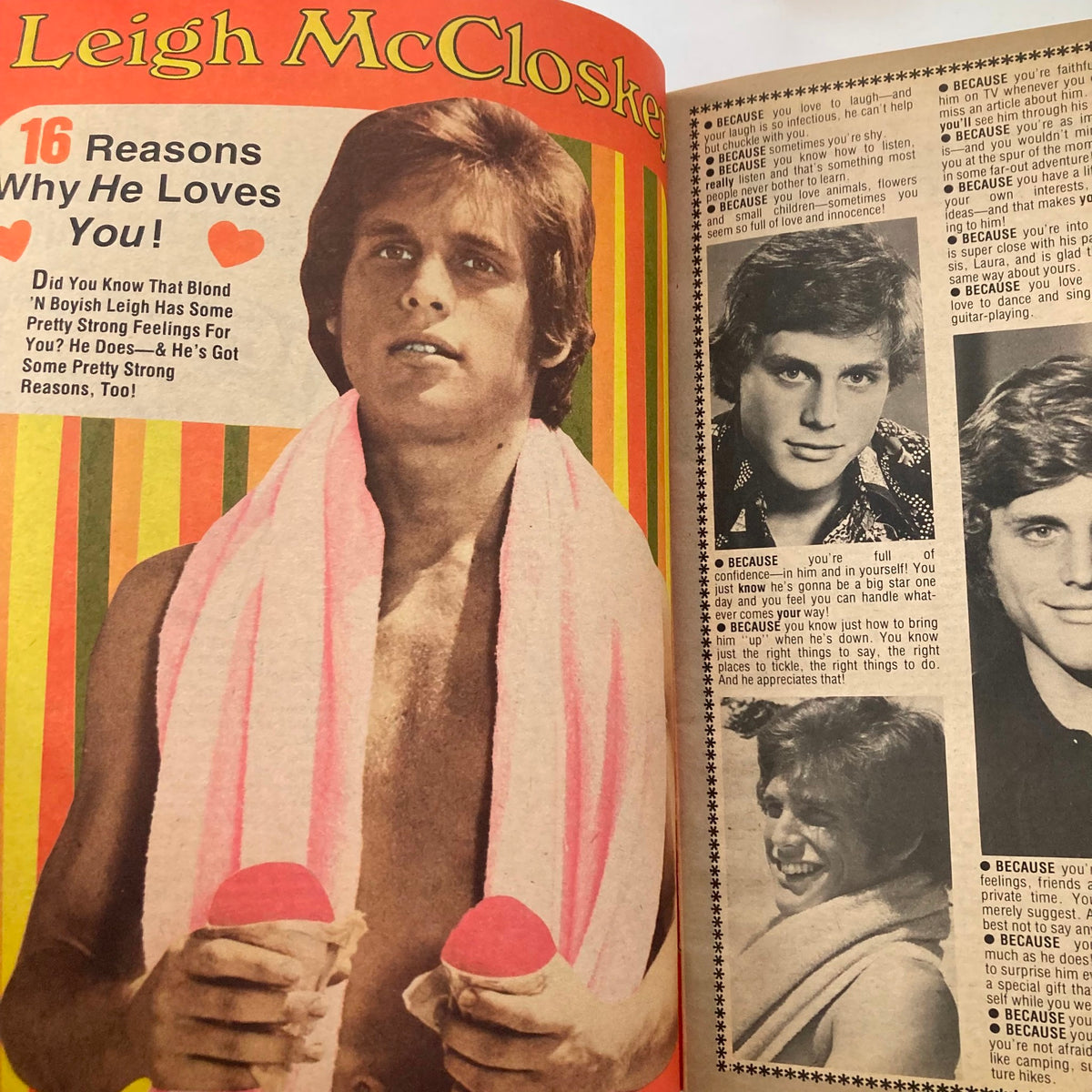 Page in VTG 16 Magazine April 1977 titled '16 Reasons Why He Loves You!' featuring Leigh McCloskey with vibrant design and engaging content.