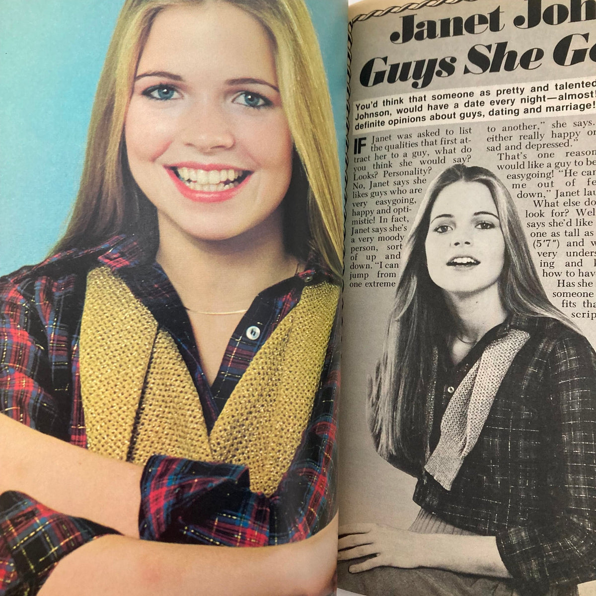 Image from VTG Tiger Beat Magazine June 1978 featuring Janet Johnson talking about dating and relationships, showcasing her charm and style.