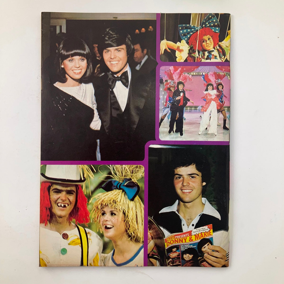 Cover of VTG Tiger Beat Magazine Presents 1977 Vol 1 #2 featuring Donny and Marie Osmond. The collage includes images of Donny and Marie at a public event, costume characters, and a young Donny holding the magazine. Perfect for collectors of 1970s pop culture.