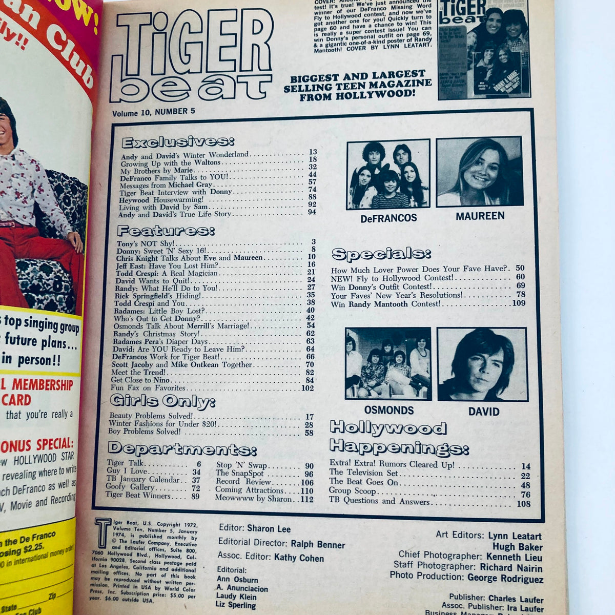 Inside page of Tiger Beat Magazine January 1974 showcasing the Table of Contents with featured articles on pop culture and celebrities like Donny, Marie, and Tony.