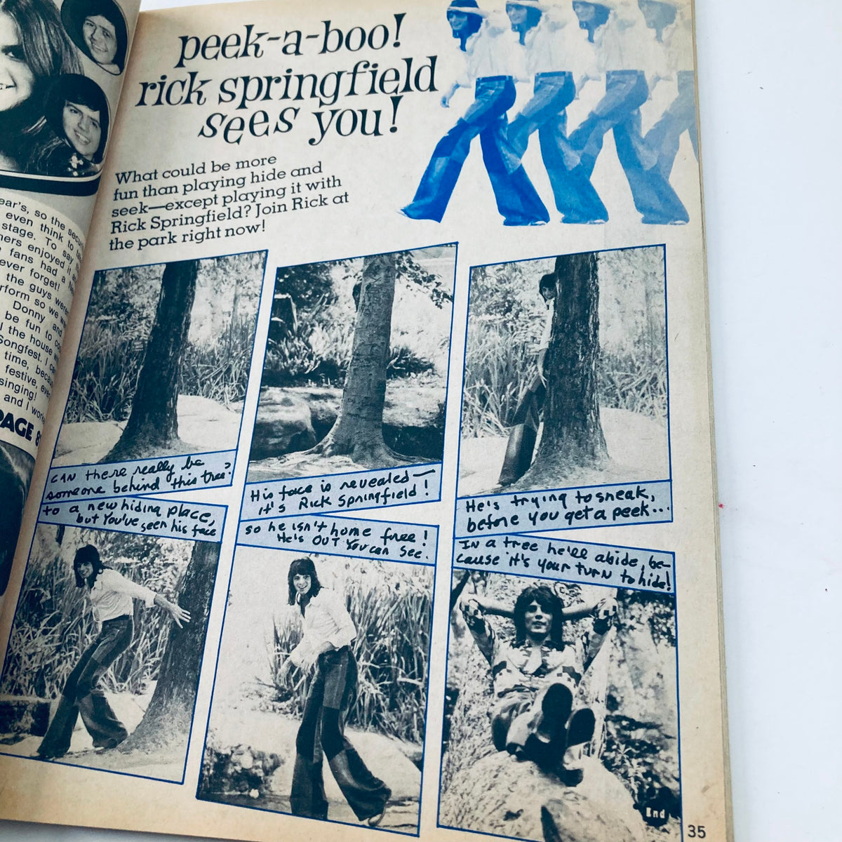 Page from Tiger Beat Magazine January 1974 featuring a fun, interactive section with Rick Springfield, showcasing images and text describing a hide and seek game.