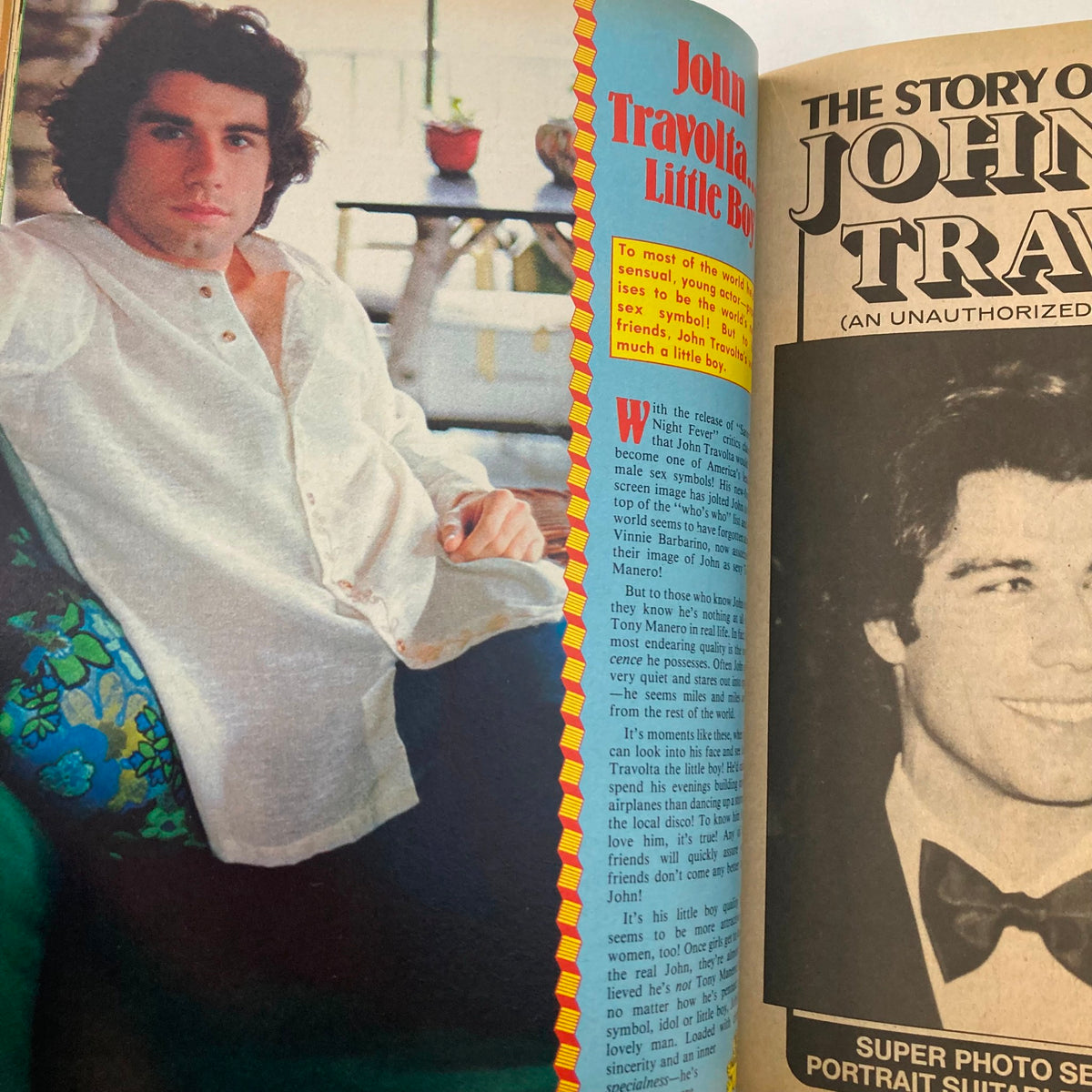 Image from Tiger Beat Super Special 1978 #9 showcasing John Travolta in a candid pose, wearing a white shirt, looking thoughtfully at the camera, capturing the essence of 1970s celebrity culture.