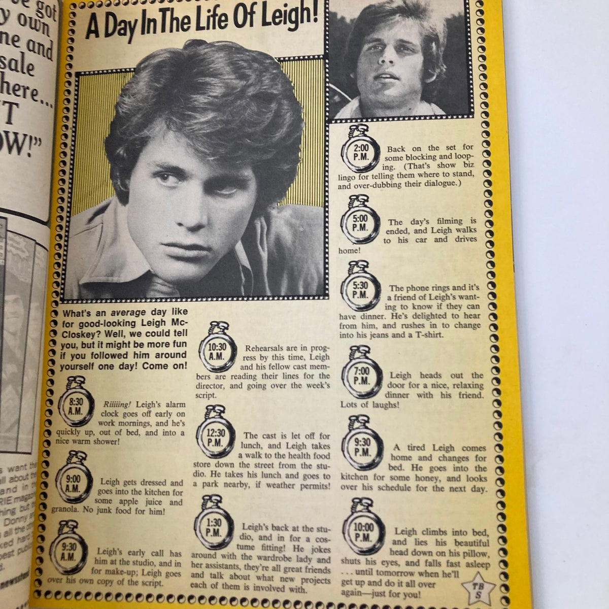Feature article in Tiger Beat Star April 1977 titled 'A Day In The Life Of Leigh' detailing Leigh McCloskey's daily schedule with photos.