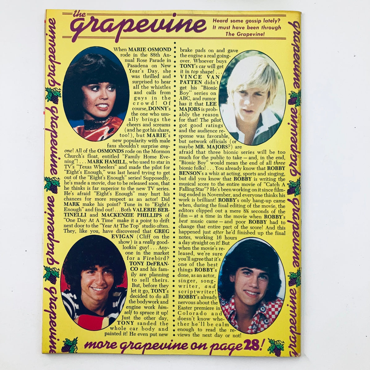 Back cover of Tiger Beat Star April 1977 titled 'The Grapevine' with gossip about Marie Osmond, Mark Hamill, and other teen idols of the 1970s.