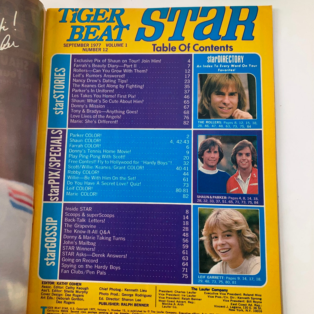 Table of Contents from Tiger Beat Star September 1977, showcasing articles featured in the magazine including stories about The Rollers and Shaun Cassidy.