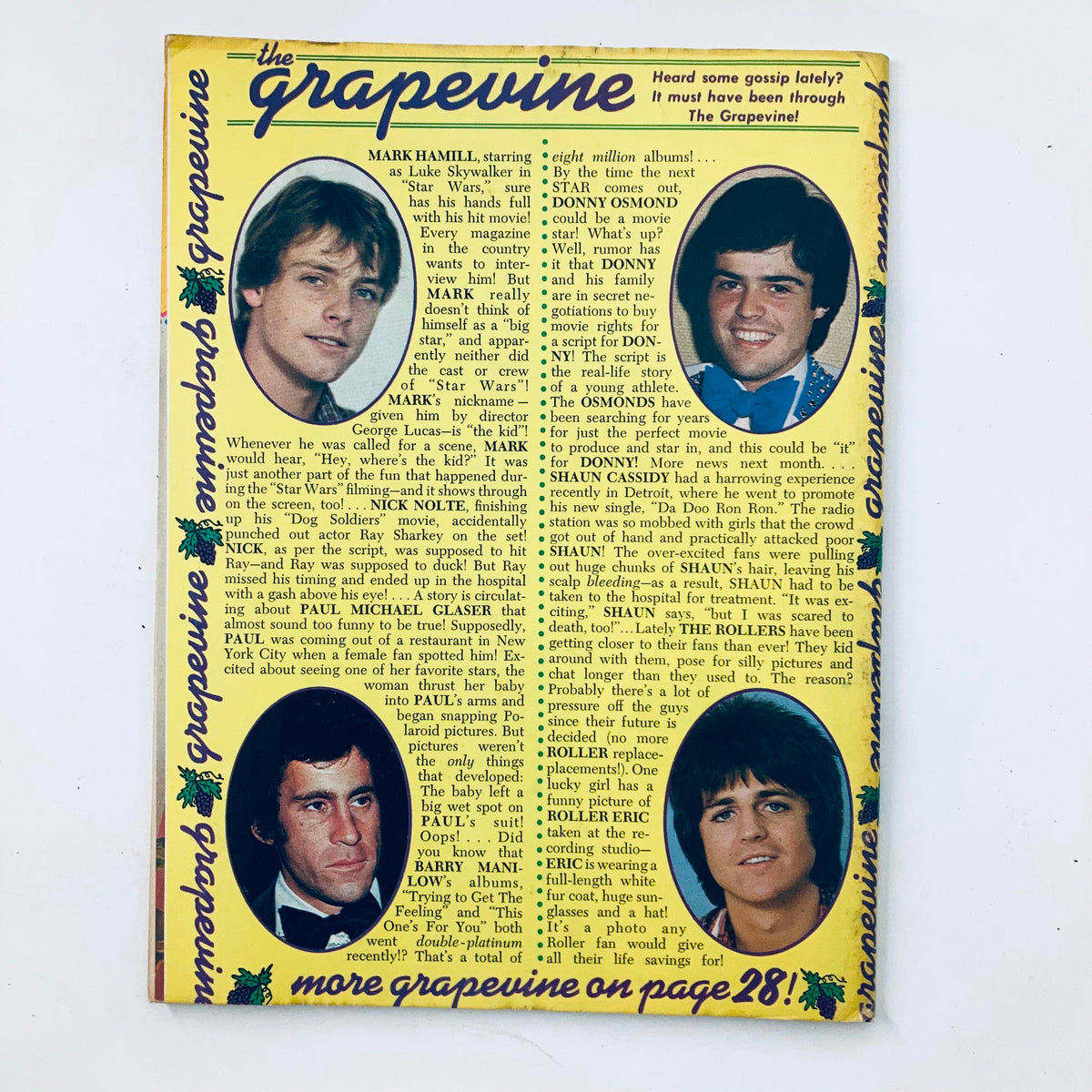 Back cover of Tiger Beat Star September 1977 featuring gossip about Mark Hamill, Shaun Cassidy, and others, with images and text.