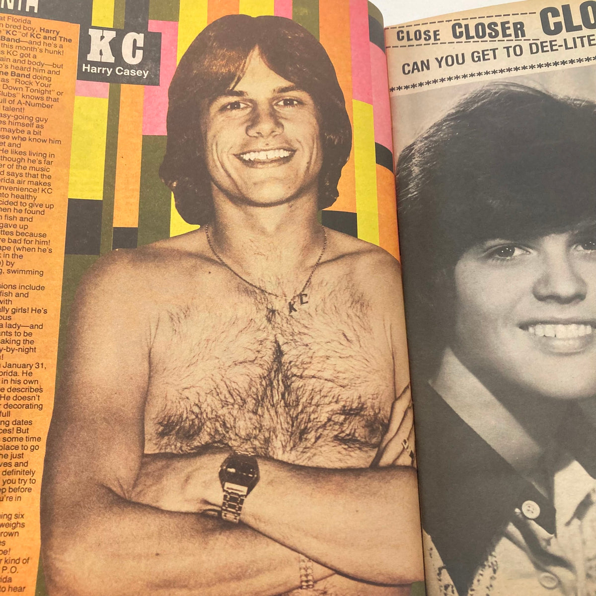 Close-up of KC from KC and the Sunshine Band in 16 Magazine October 1976, showcasing a vintage photograph with vibrant colors.