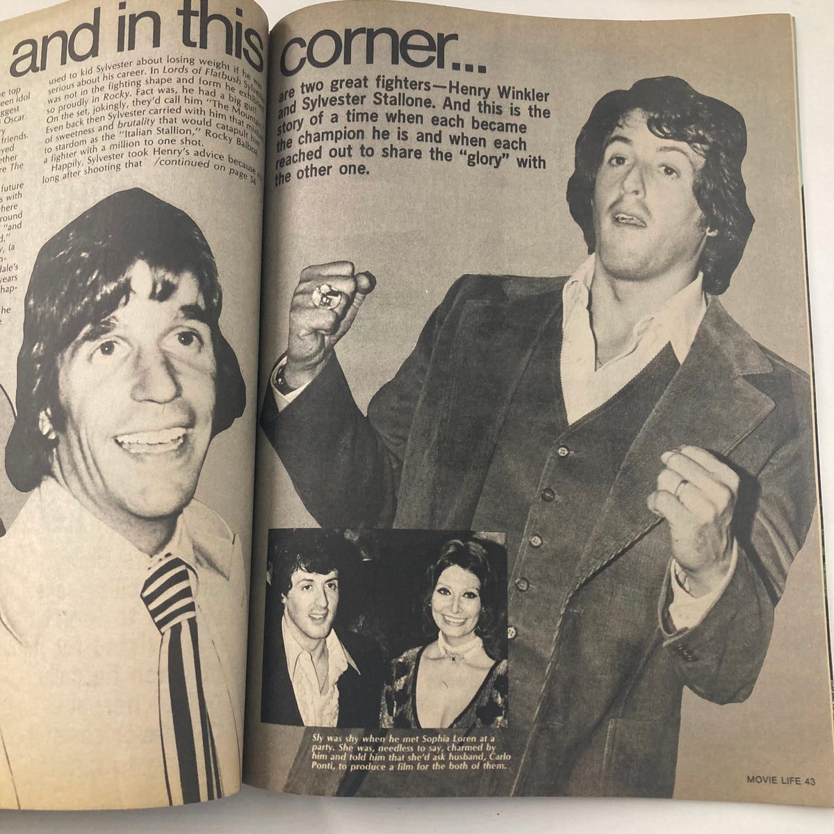 Another interior page of VTG Movie Life Magazine August 1977 displaying articles and images featuring Sylvester Stallone and celebrity interviews.
