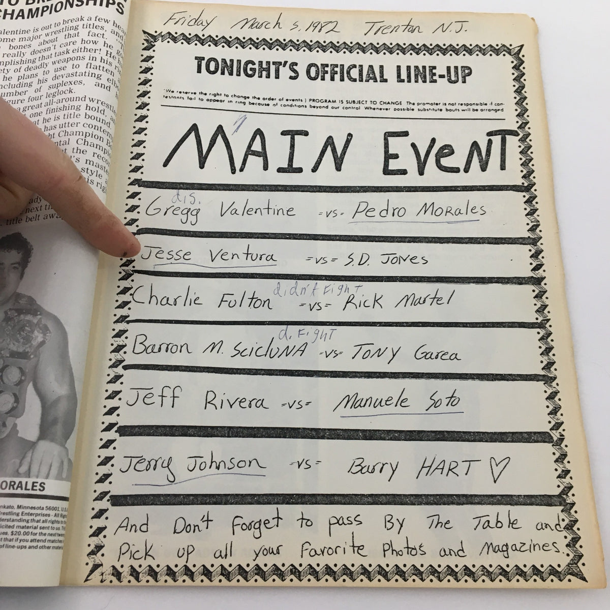 Interior page of WWF Major League Wrestling Official Souvenir Program #145 displaying the official lineup for an event on March 5, 1982, with matches featuring notable wrestlers.