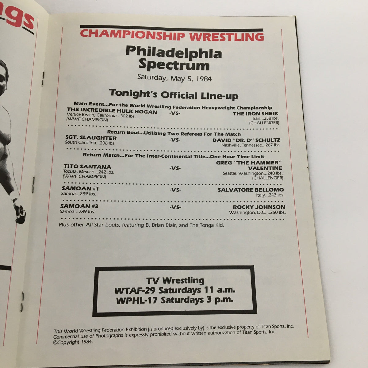 The lineup page from WWF Program 1984 detailing the Philadelphia Spectrum wrestling events, including matches featuring Hulk Hogan and Tito Santana.