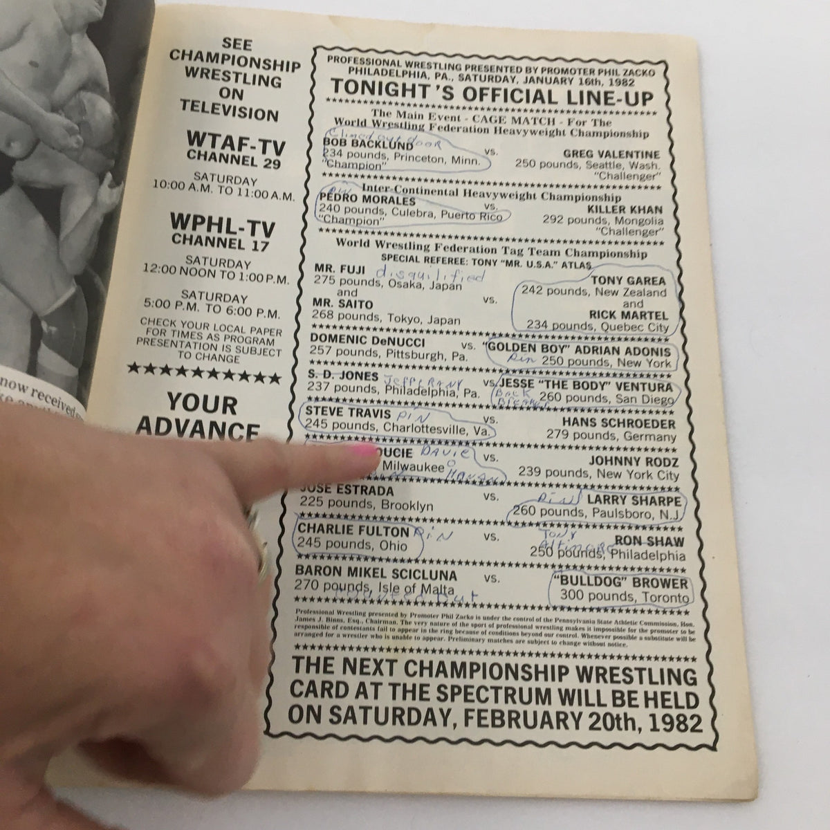 Official fight card page from the Major League Wrestling Official Souvenir Program listing matches and wrestlers scheduled for January 16, 1982.