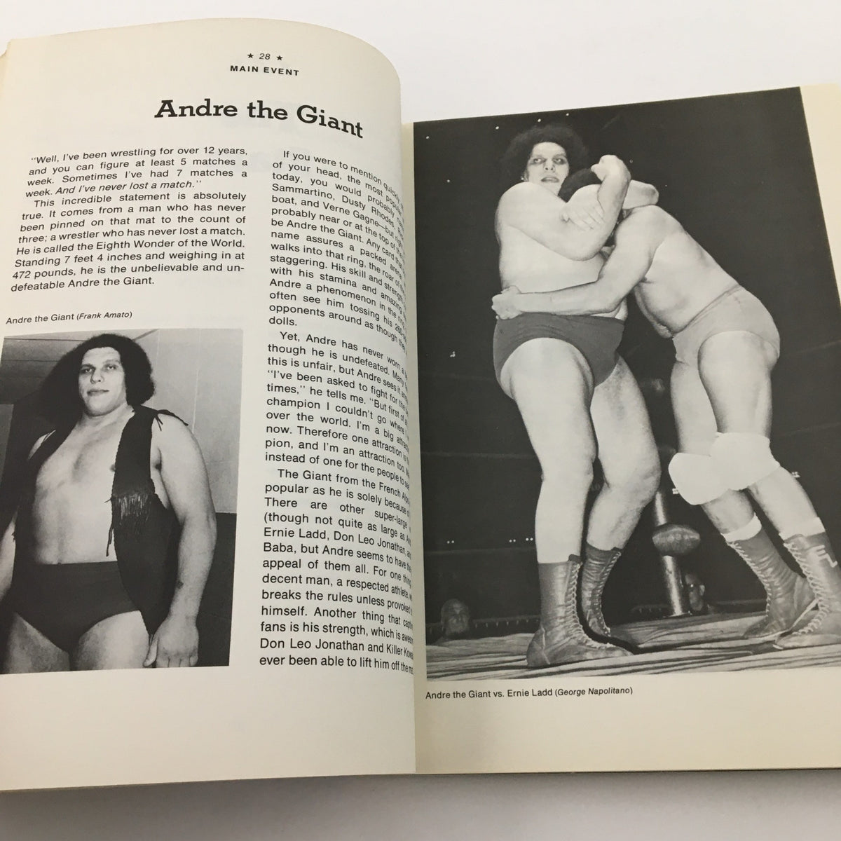 Roberta Morgan Main Event World of Professional Wrestling 1979 focuses on Andre the Giant, detailing his impressive career and matches, capturing his iconic status in wrestling.