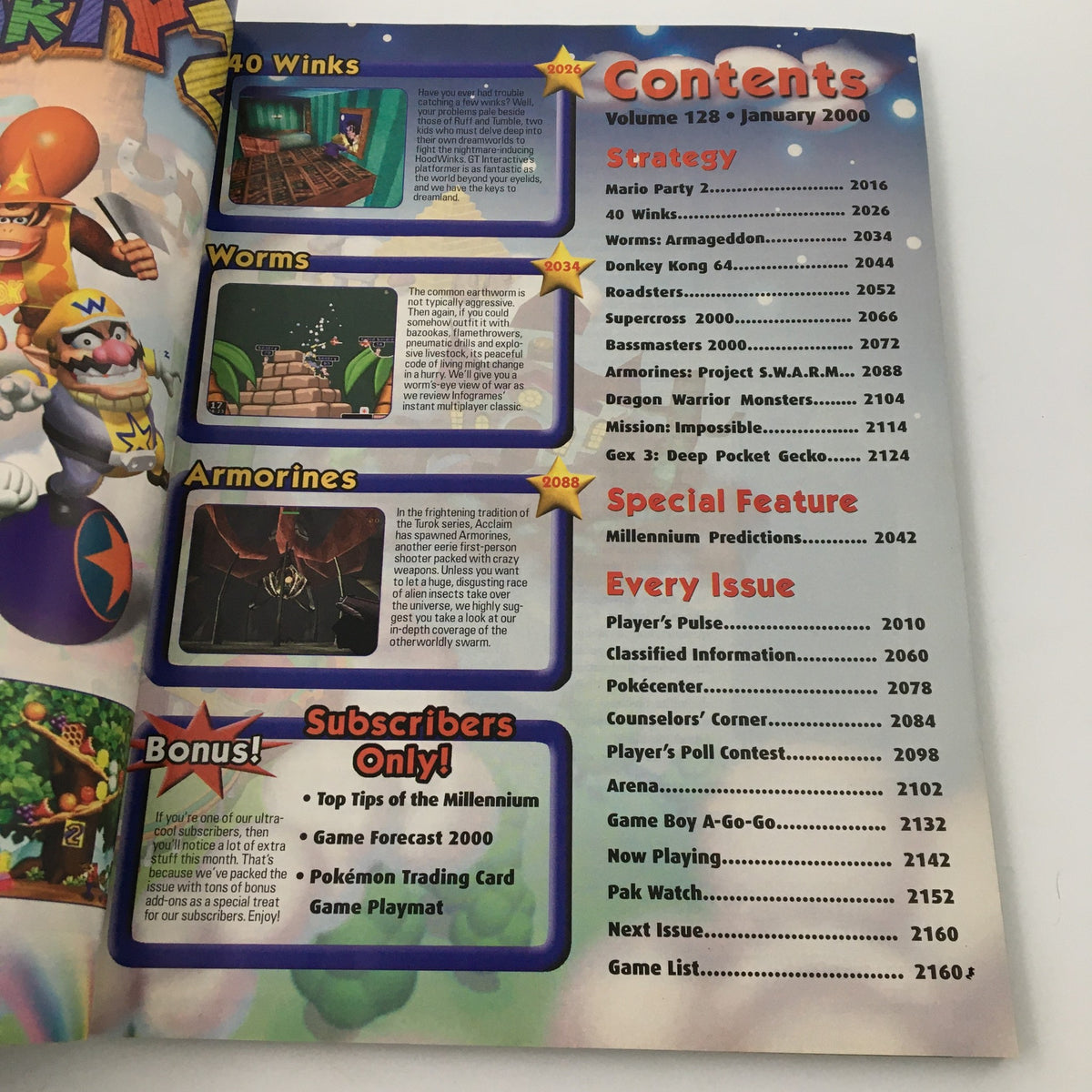 Nintendo Power Magazine January 2000 Vol 128 contents page featuring strategies, features, and subscriber details for Mario Party 2 minigames.