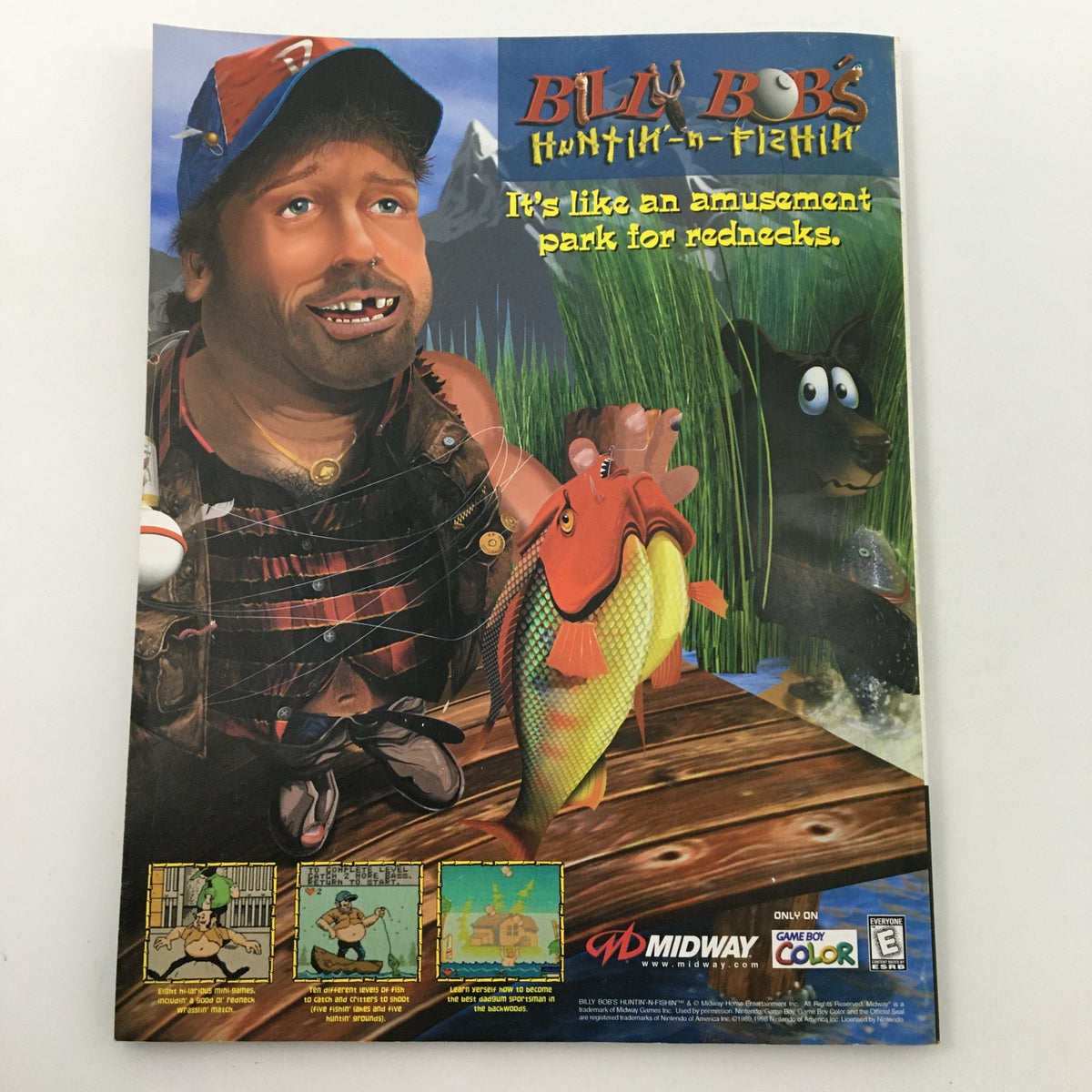 Nintendo Power Magazine January 2000 Vol 128 featuring an advertisement for Bil Bob's Hunting and Fishing, highlighting nostalgic gaming culture.