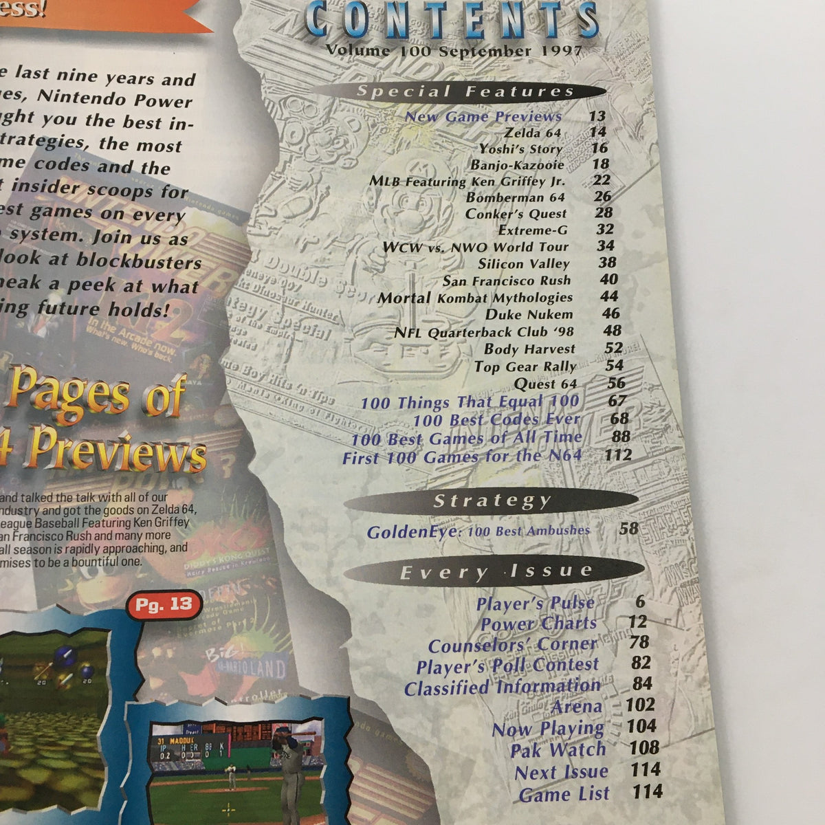 Contents page of Nintendo Power Magazine September 1997 Volume 100, outlining special features and articles including '100 Best Games of All Time'.