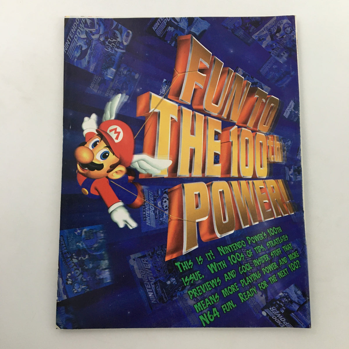 Back cover of Nintendo Power Magazine September 1997 Volume 100 featuring Mario with the tagline 'Fun to the 100th Power' and promotional content related to new games.