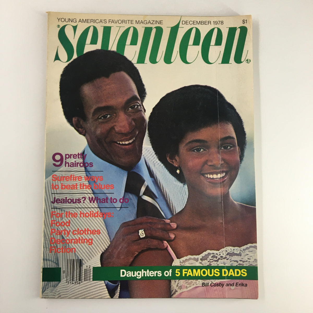 Cover of VTG Seventeen Magazine December 1978 featuring Bill Cosby and his daughter Erika, showcasing vintage fashion and cultural trends from the late 70s.