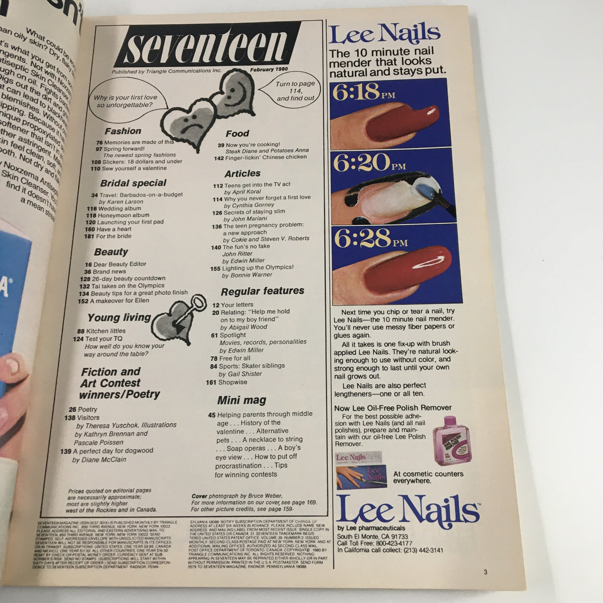 Inside page of VTG Seventeen Magazine February 1980, showcasing articles, features, and advertisements related to beauty, fashion, and lifestyle, highlighting trends of the late 70s and early 80s.
