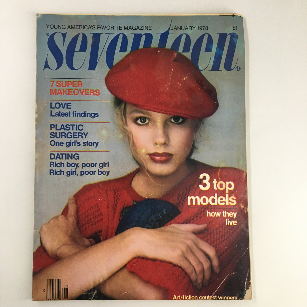 Cover of VTG Seventeen Magazine January 1978, featuring a model wearing a red hat and sweater, highlighting topics like Plastic Surgery and dating.