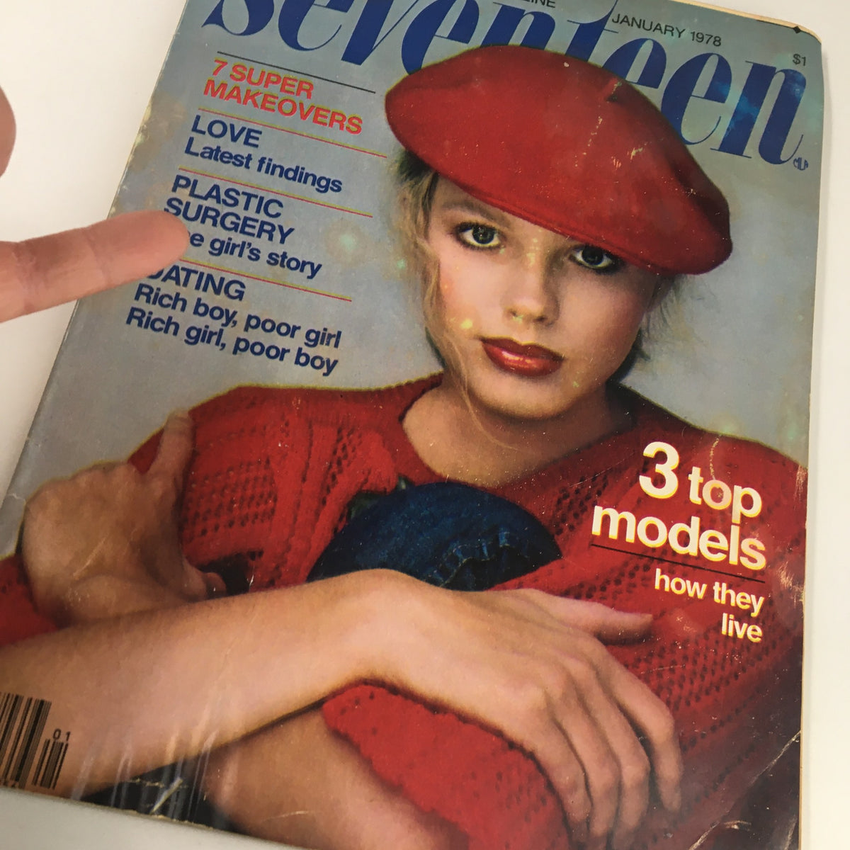 Close-up of the cover of VTG Seventeen Magazine January 1978, pointing to the article 'Plastic Surgery One Girl's Story' among other entertaining topics.