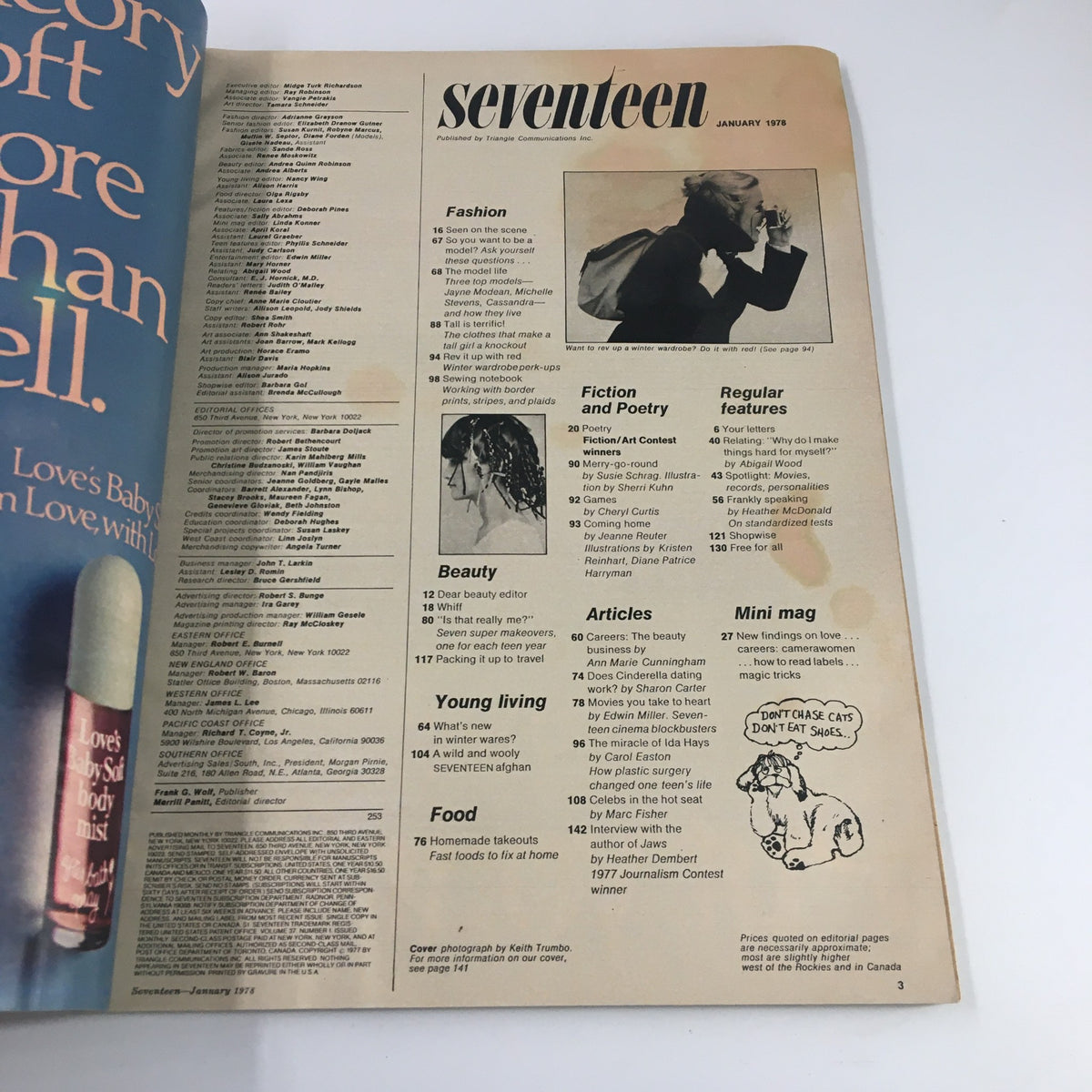 Inside page of VTG Seventeen Magazine January 1978, displaying the table of contents with sections on Fashion, Beauty, and Articles.