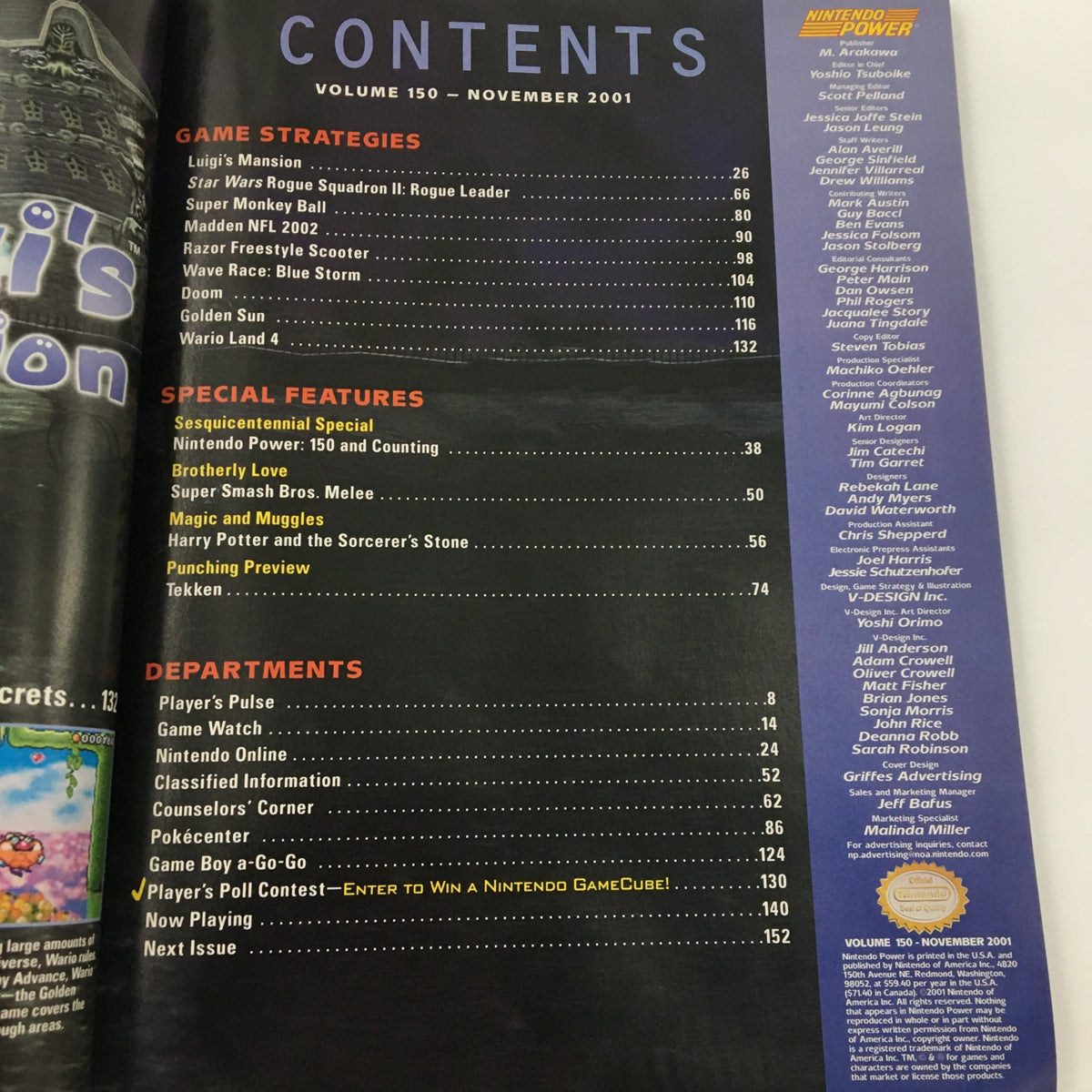 Contents page of Nintendo Power Magazine November 2001 #150, outlining game strategies and special features including Luigi's Mansion and Super Smash Bros.