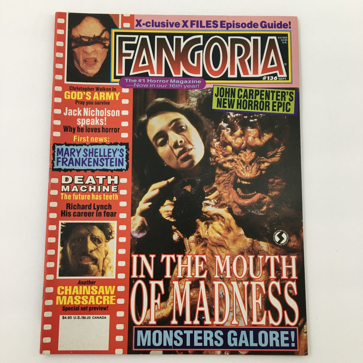 Cover of Fangoria Magazine September 1994 #136 featuring John Carpenter and Christopher Walken, showcasing horror cinema highlights and key articles.