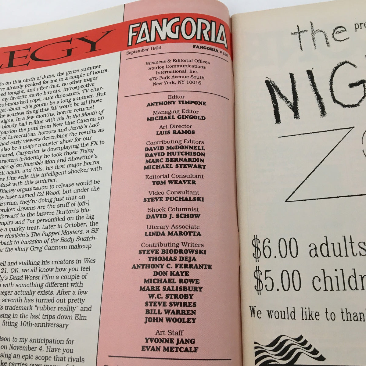 Inside page of Fangoria Magazine September 1994 #136 displaying editorial credits and contributors for the issue.