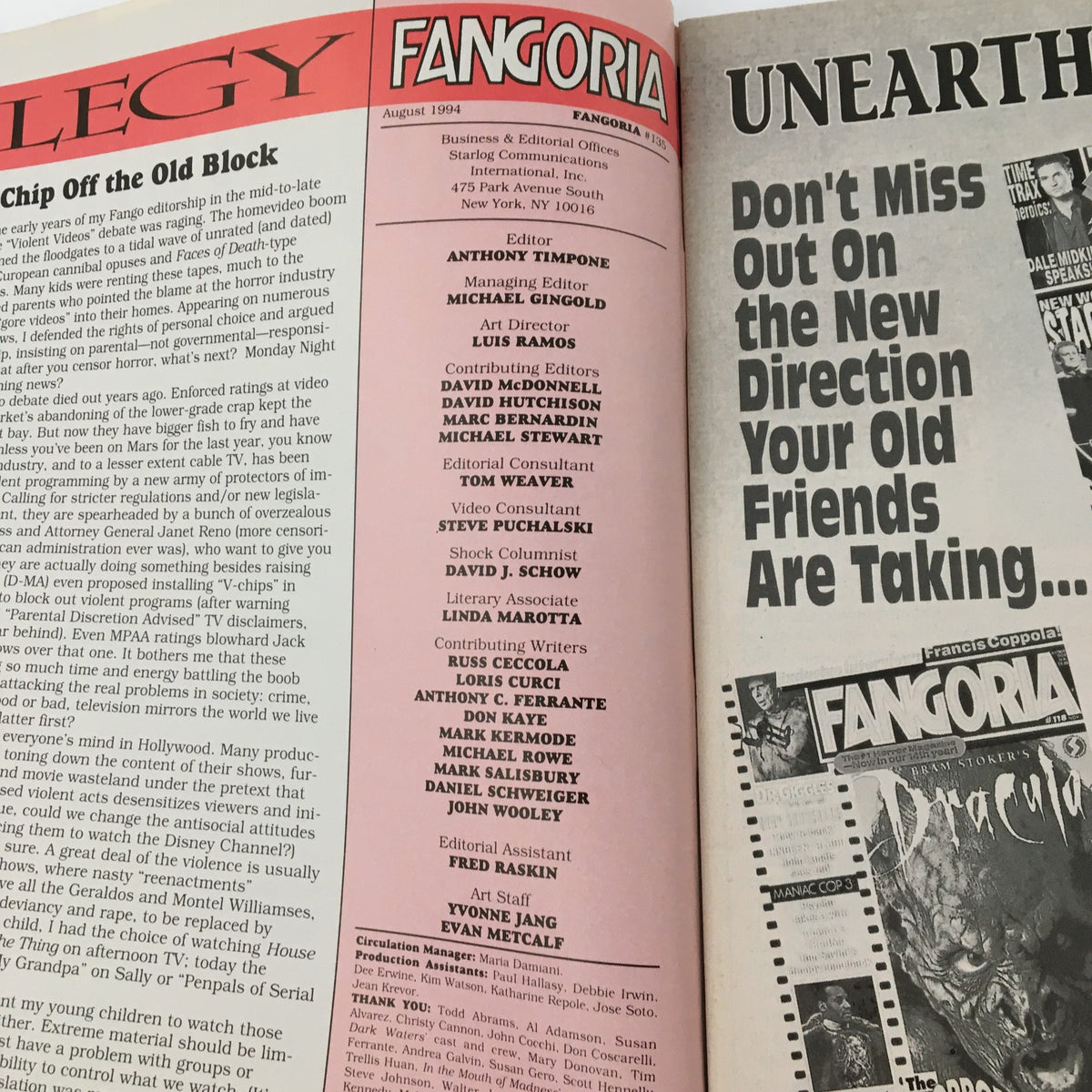 Inside page of Fangoria Magazine August 1994 #135 displaying editorial credits and contributions, reflecting the magazine's legacy in horror cinema.