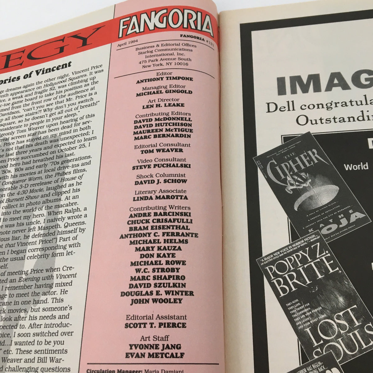 Fangoria Magazine April 1994 #131 editorial page displaying contributors and editorial team information for this vintage horror magazine.