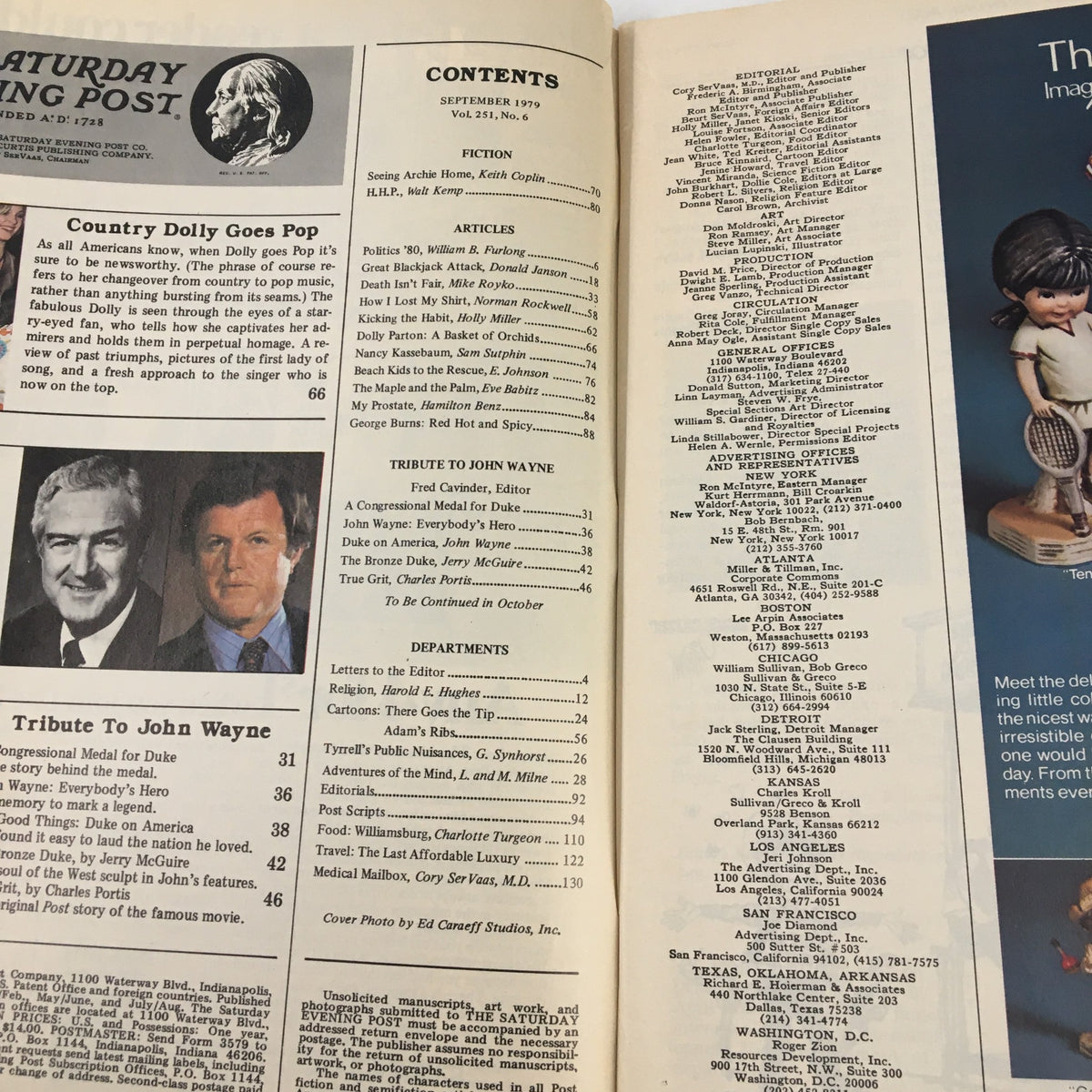 The Saturday Evening Post September 1979 issue featuring 'Country Dolly Goes Pop' on the cover page. The image displays the contents page, highlighting articles and features, including a tribute to John Wayne, with a significant section dedicated to pop culture and Americana.