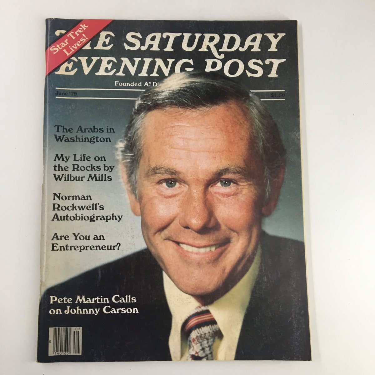 Cover of The Saturday Evening Post June 1979 featuring the article 'Pete Martin Calls on Johnny Carson' with an image of Johnny Carson smiling, surrounded by other article titles.