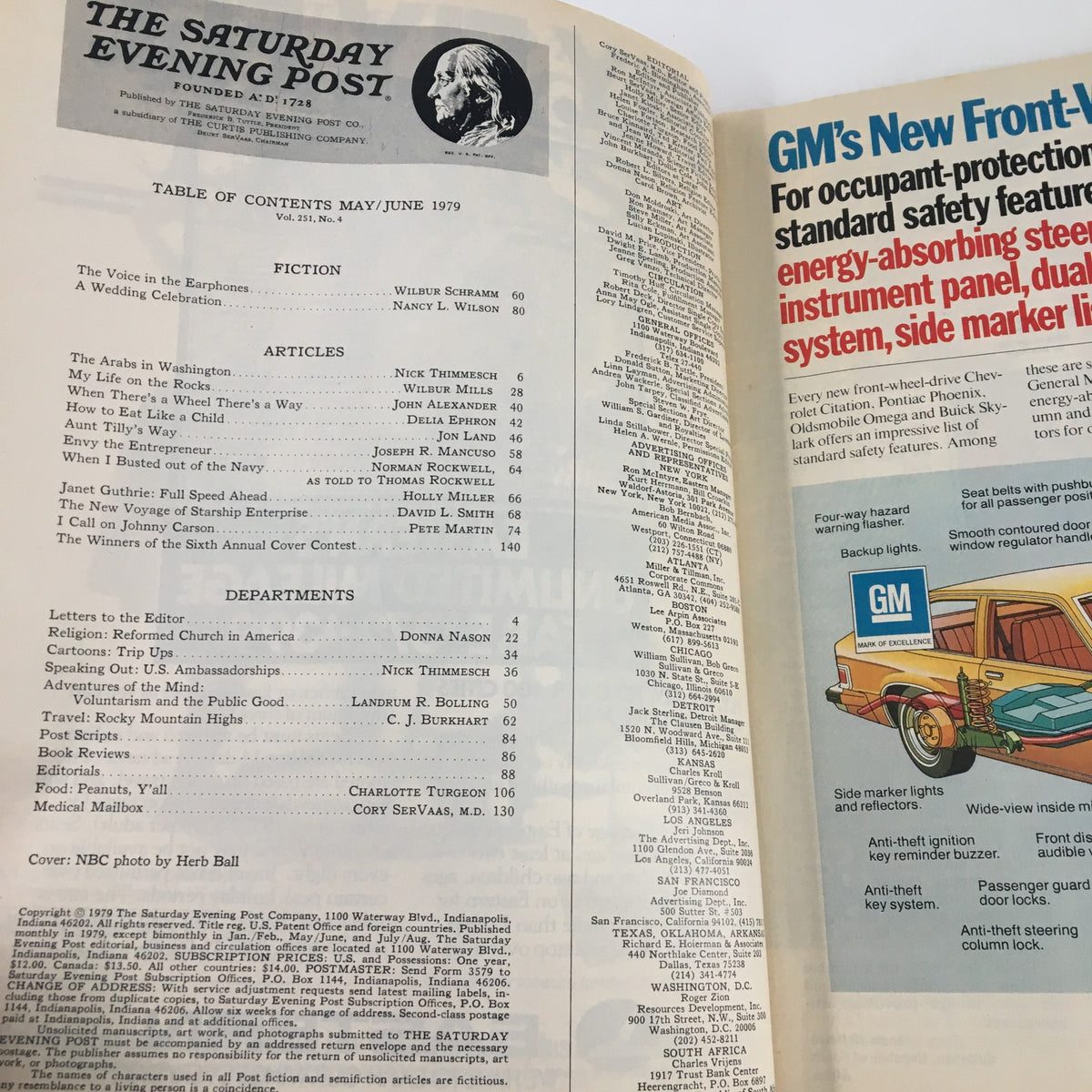 Inside page of The Saturday Evening Post from June 1979 featuring the table of contents with articles and departments. Highlights include 'Pete Martin Calls on Johnny Carson,' reflecting entertainment culture of the late 70s.