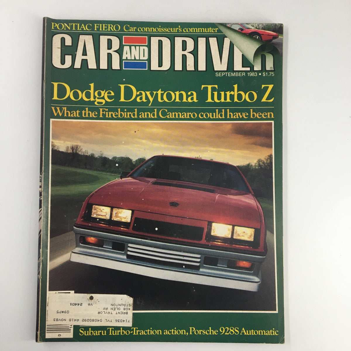 Cover of Car and Driver Magazine September 1983 featuring the Dodge Daytona Turbo Z, highlighting automotive reviews on Firebird and Camaro.