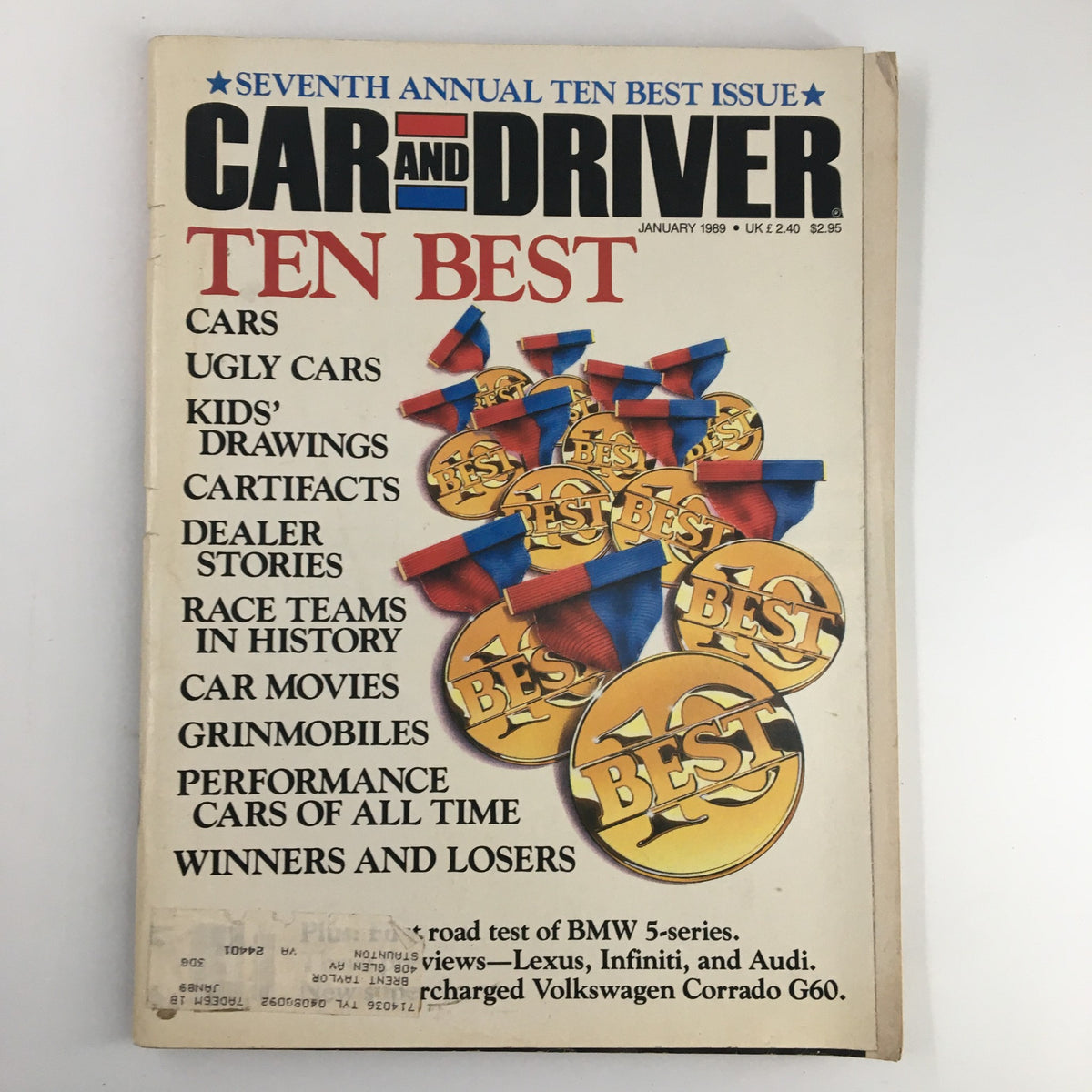Cover of Car and Driver Magazine January 1989 featuring the Ten Best Performance Cars of All Time with medals and articles listed.