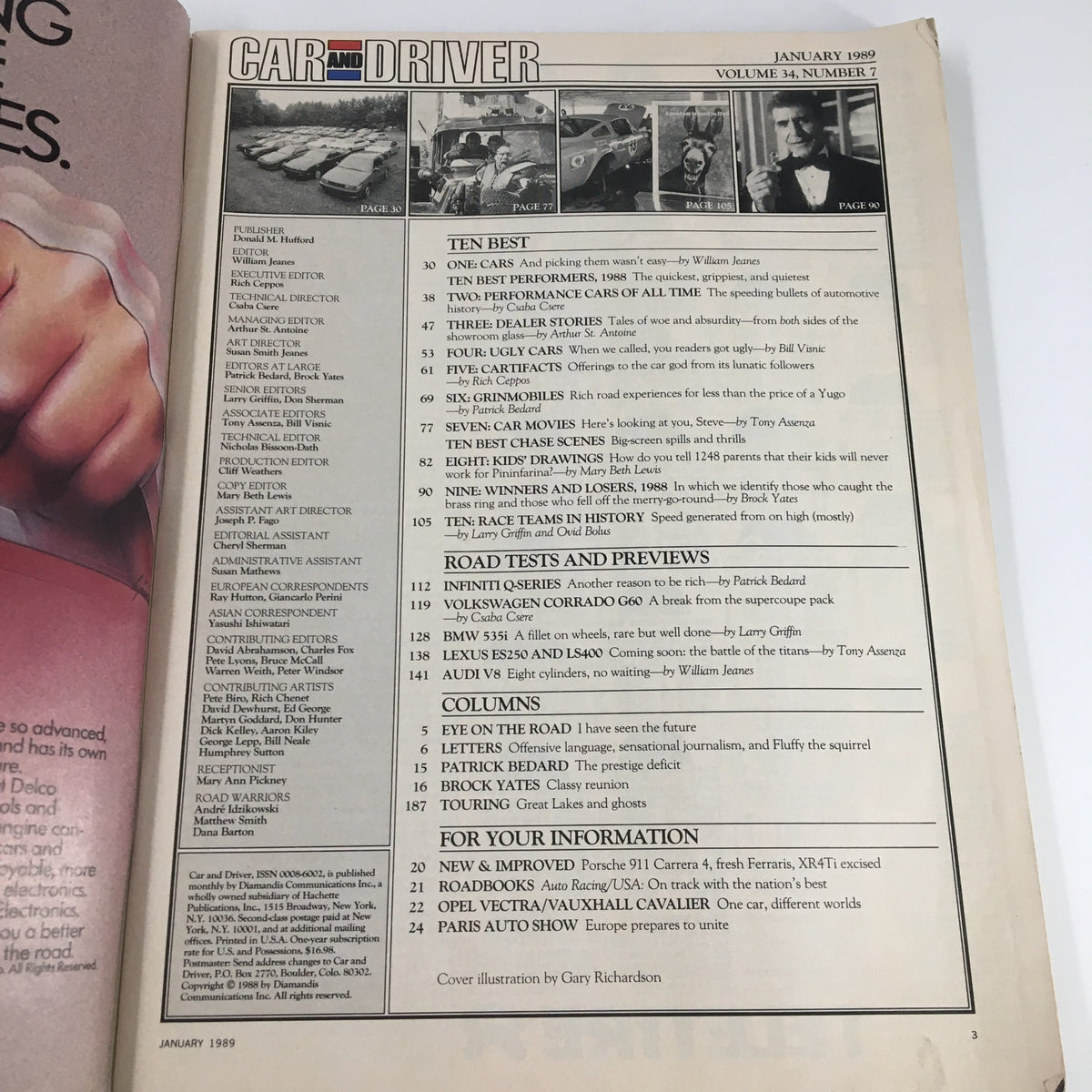 Contents page of Car and Driver Magazine January 1989 showcasing the Ten Best Performance Cars of All Time and other featured articles.