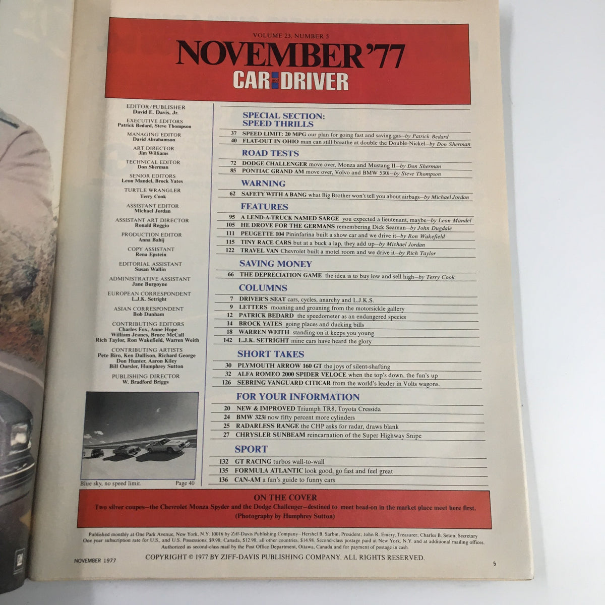 Car and Driver Magazine November 1977 Pontiac Grand Am and Dodge Challenger