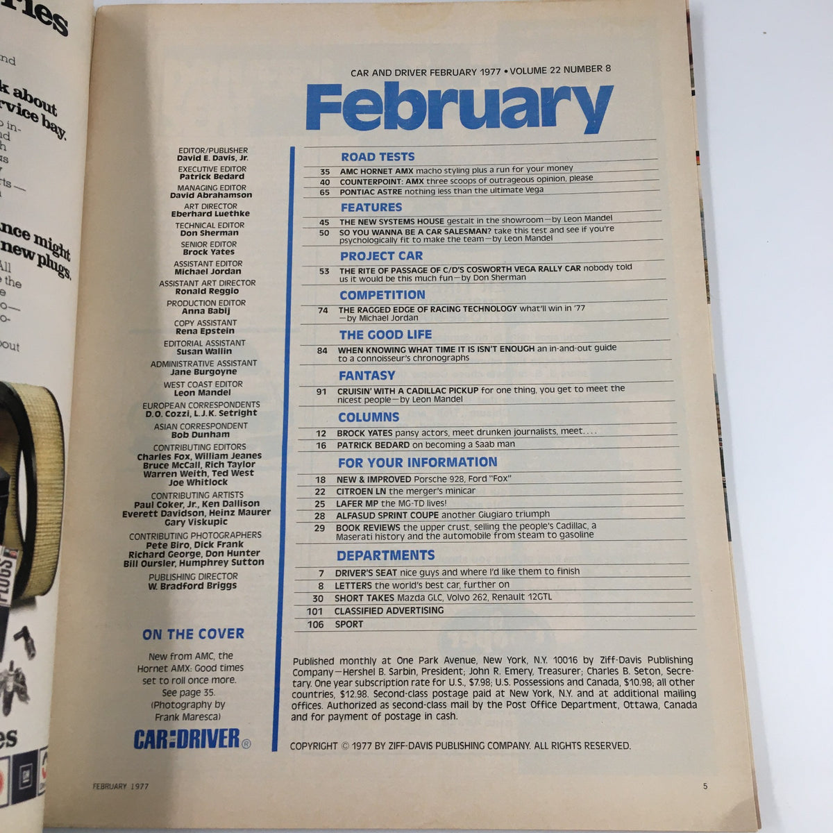 Table of contents for Car and Driver Magazine February 1977, listing features and articles including insights on the Hornet AMX.