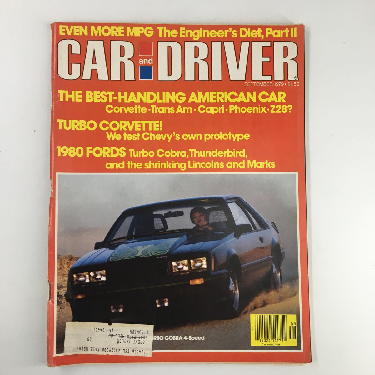 Cover of Car and Driver Magazine from September 1979 featuring the 1980 Ford Mustang Cobra. The cover showcases bold headlines and a striking image of the Mustang Cobra in action, highlighting key automotive topics such as best-handling American cars and a test of Chevy's Turbo Corvette.