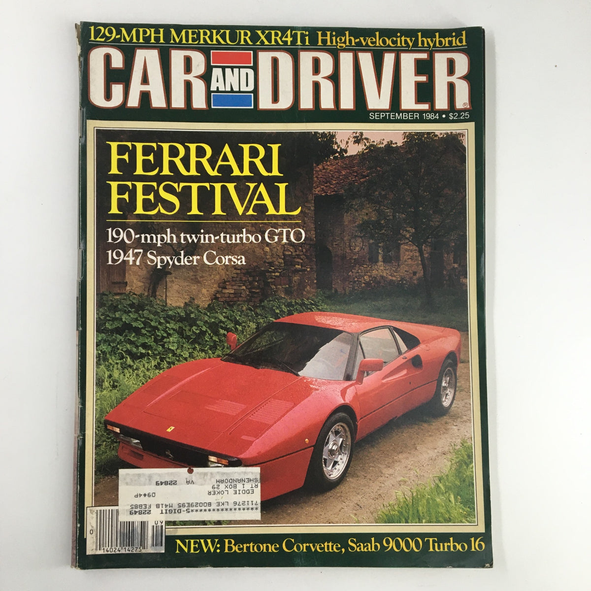 Car and Driver Magazine September 1984 cover featuring the Ferrari Festival, highlighting the 190-mph Twin-Turbo GTO and 1947 Spyder Corsa with vibrant imagery.