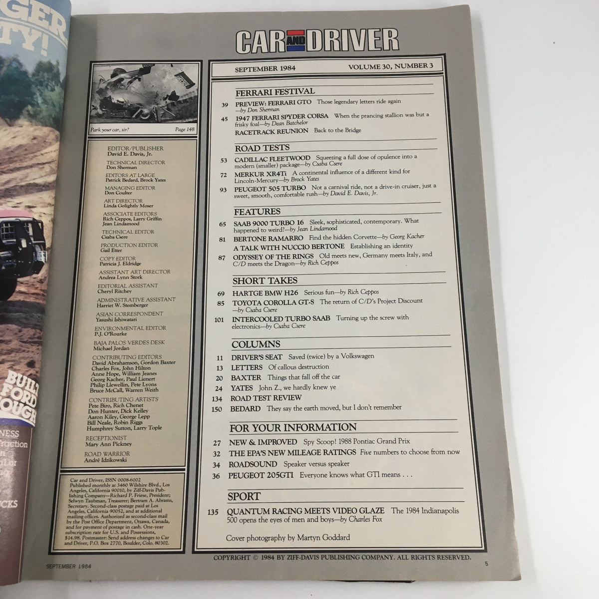 Inside page of Car and Driver Magazine September 1984 showcasing the table of contents, with features on the Ferrari GTO and Spyder Corsa, featuring articles on various automotive topics.