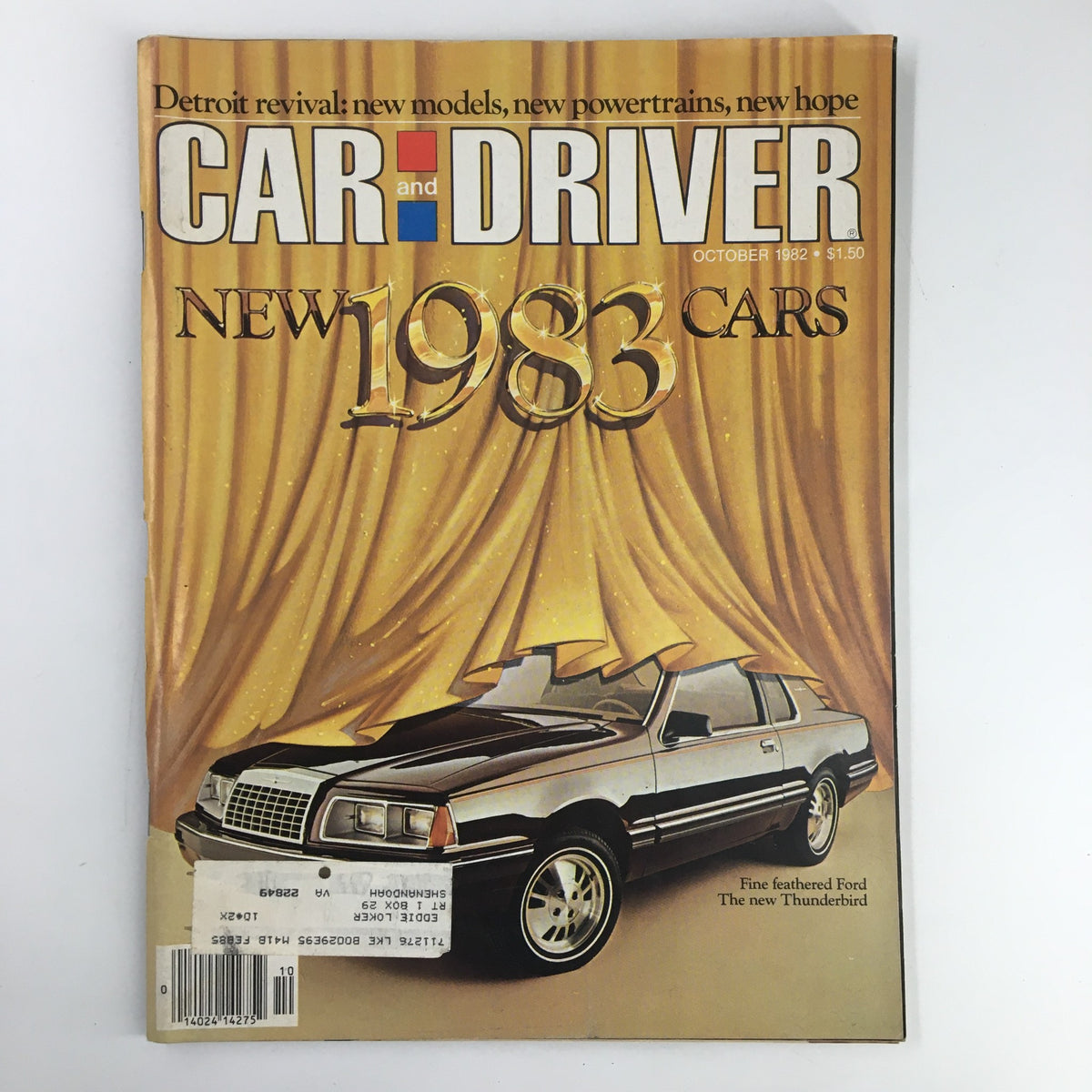 Cover of Car and Driver Magazine, October 1982, featuring the headline 'NEW 1983 CARS', showcasing a classic Ford Thunderbird on display against a dramatic golden backdrop.
