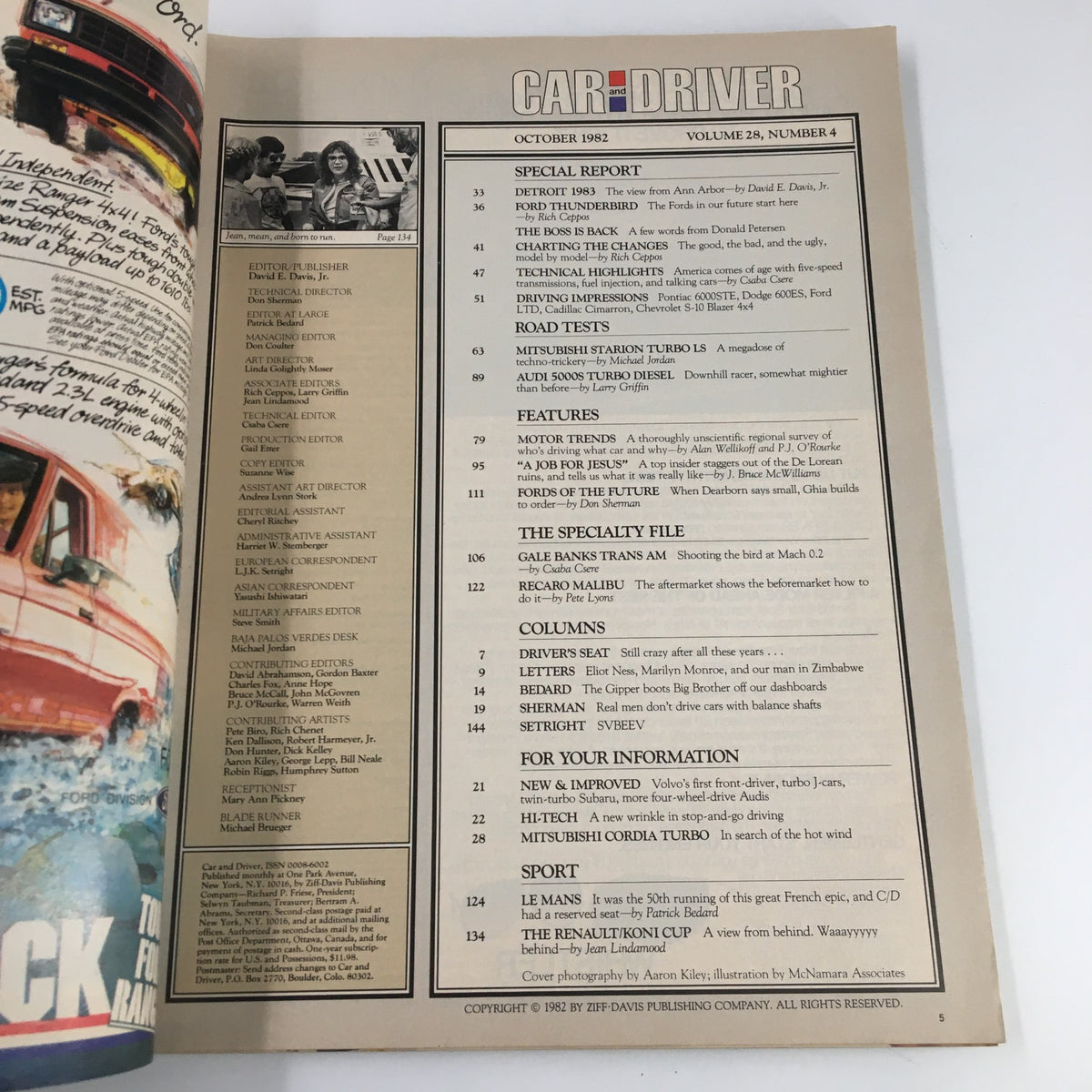 Interior page of Car and Driver Magazine, October 1982, displaying the magazine's contents and features, highlighting key articles and sections related to automotive industry trends.