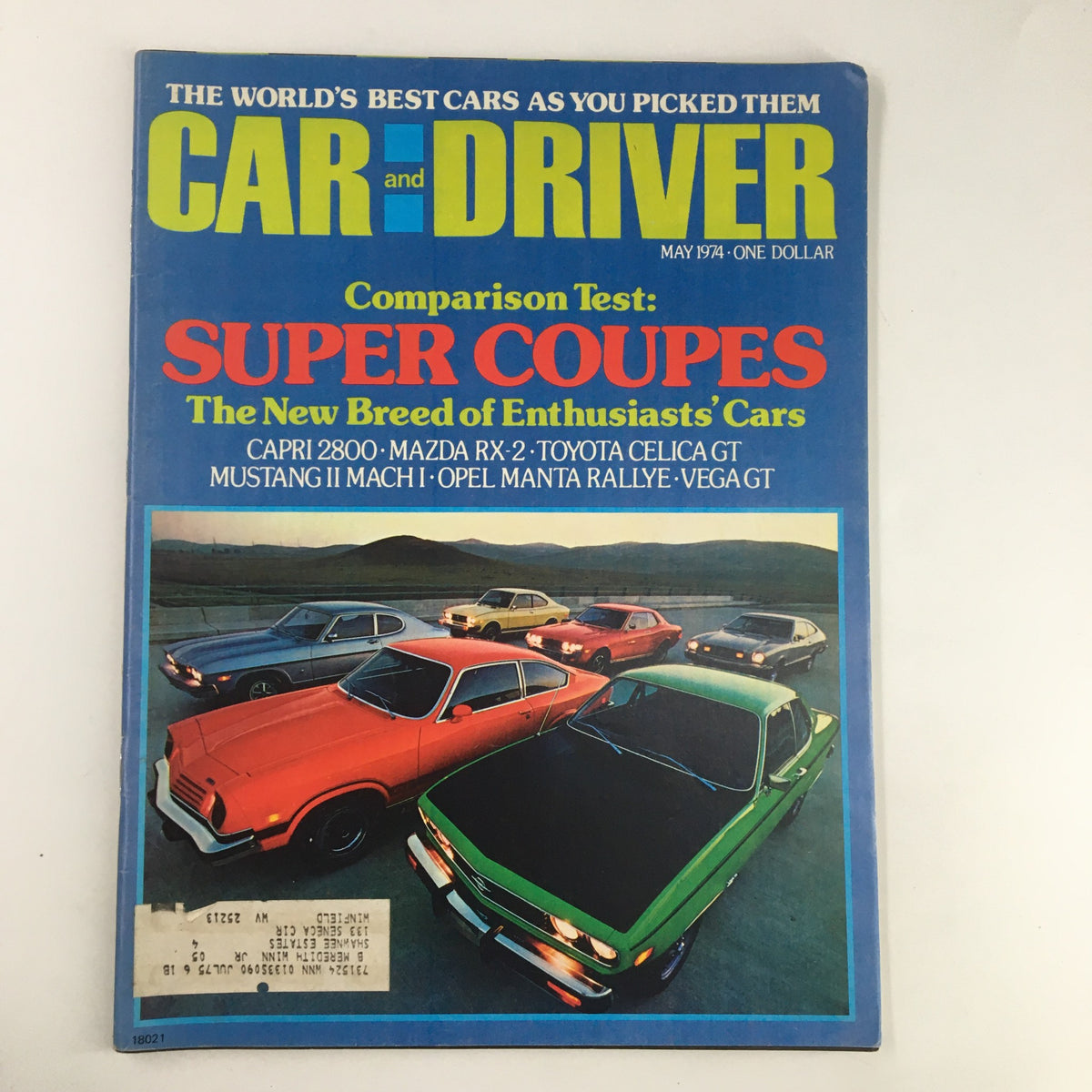 Cover of Car and Driver Magazine May 1974 featuring a comparison test of super coupes including Capri 2800, Mazda RX-2, and Toyota Celica GT. The magazine showcases various classic cars from the 1970s on the front cover, highlighting automotive culture.