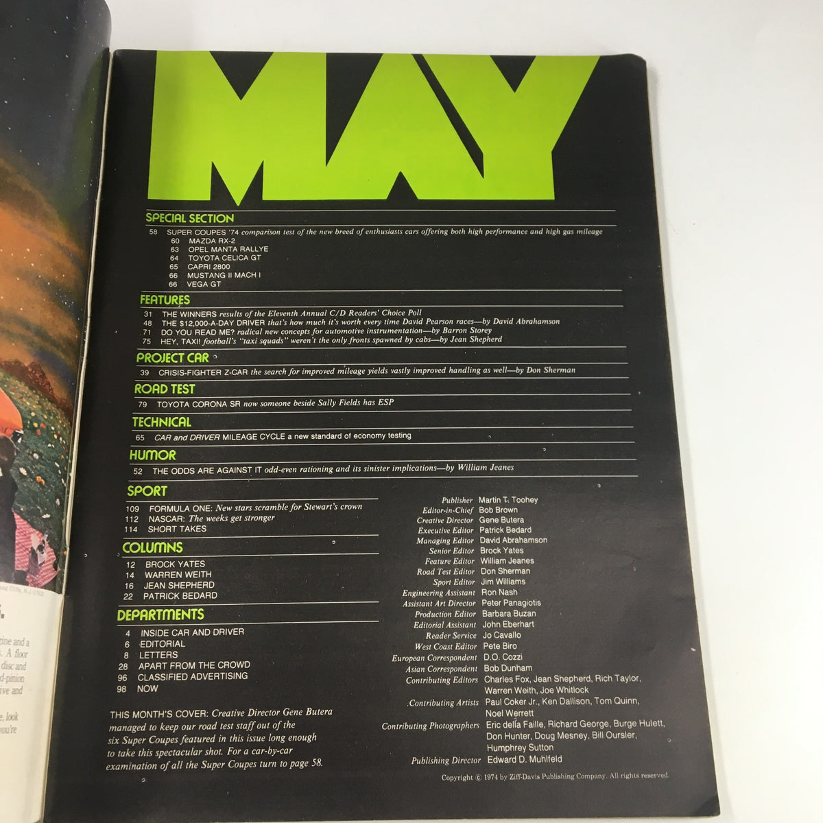 Car and Driver Magazine May 1974 cover page featuring the title and contents listing, including articles on the Capri 2800, Mazda RX-2, and Toyota Celica GT, showcasing a vibrant design reflective of 1970s automotive culture.