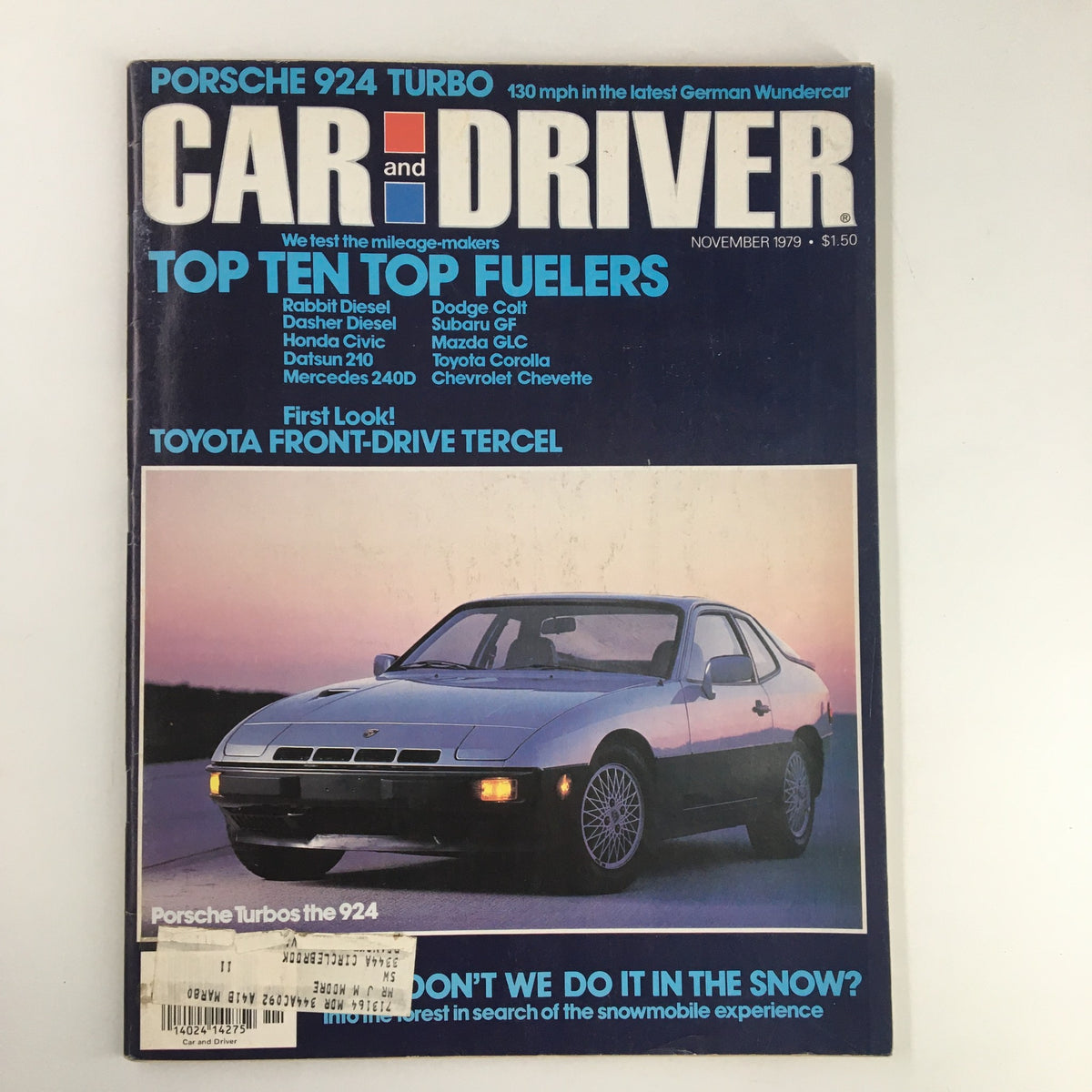 Car and Driver Magazine cover from November 1979 featuring the Porsche 924 Turbo and Toyota Tercel, highlighting automotive insights and performance reviews.