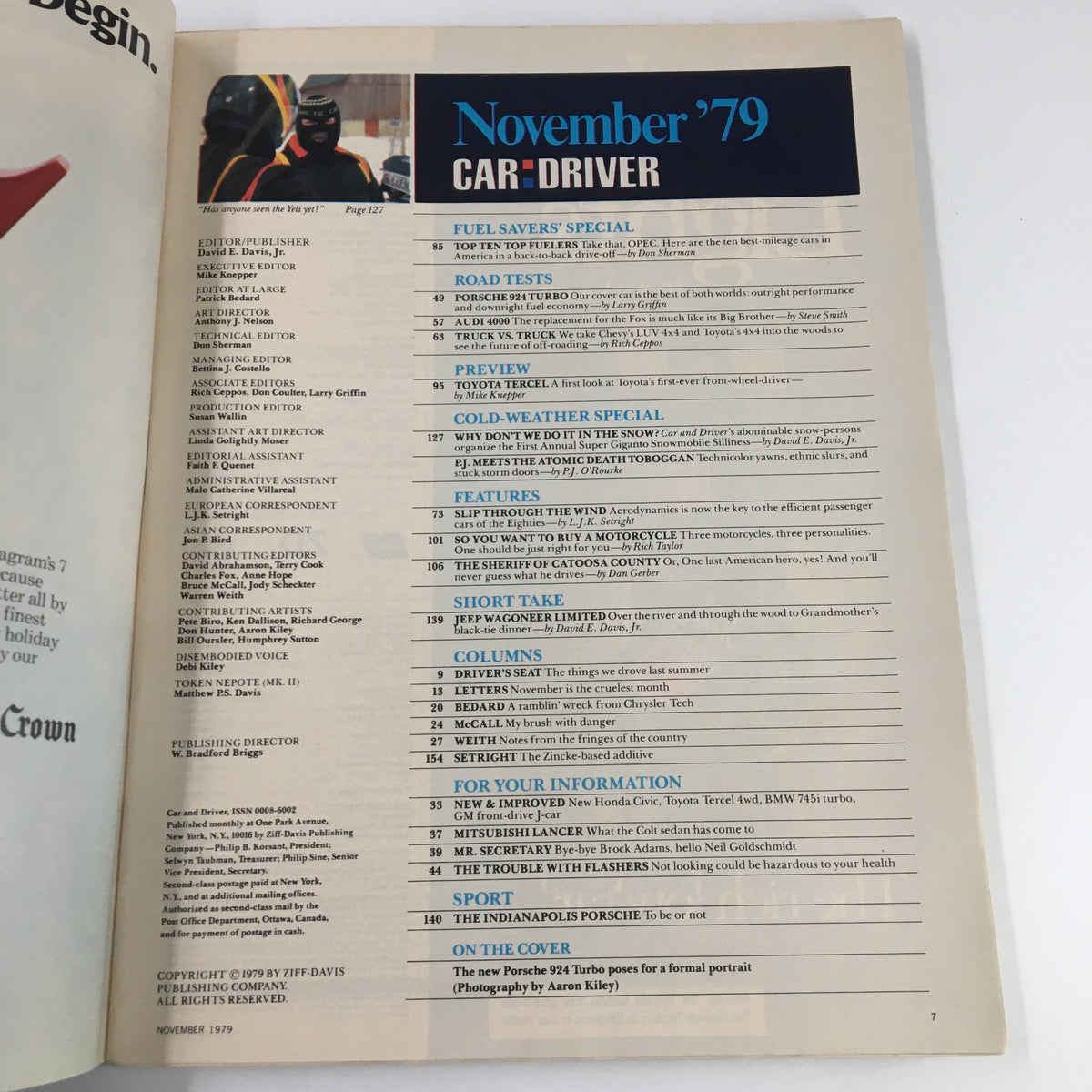 Interior page of Car and Driver Magazine, November 1979, showcasing content layout and feature articles related to the Porsche 924 Turbo and Toyota Tercel.