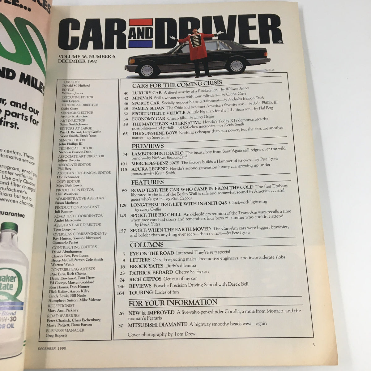 Interior page of Car and Driver Magazine December 1990 showcasing the table of contents, highlighting articles related to automotive trends during the crisis era.