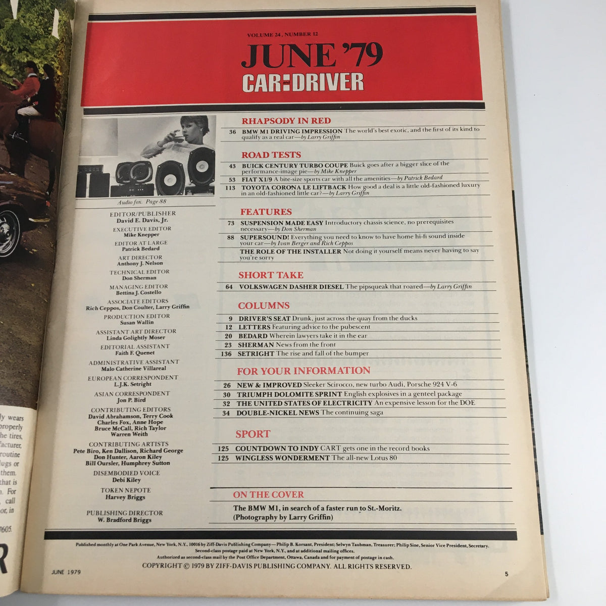 Inside pages of Car and Driver Magazine June 1979, detailing articles on Buick Century Turbo Coupe, Fiat X1/9 5-Speed, and automotive innovations.